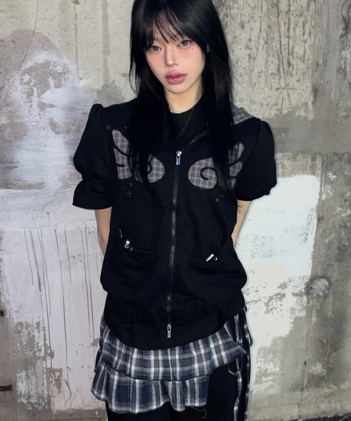 Musinsa Sale till 11/6! [SOME PLACE] Angel Hoodie Check Contrast Detail Pocket Drawstring Puff Short Sleeve Zip-Up Hoodie [Black]