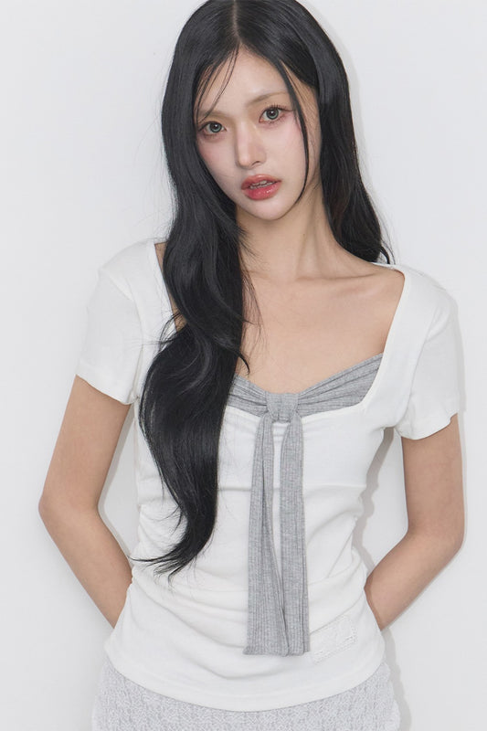 [ILLIGO] Layered Ribbon Tie T-shirt (3 Colours)
