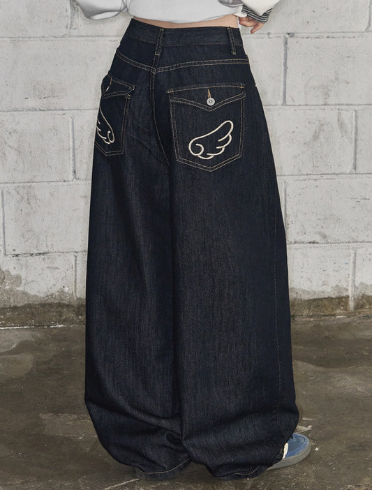 [LOOXP] Angel Wing Washed Back Pocket Balloon Wide Denim Pants Raw Denim Navy