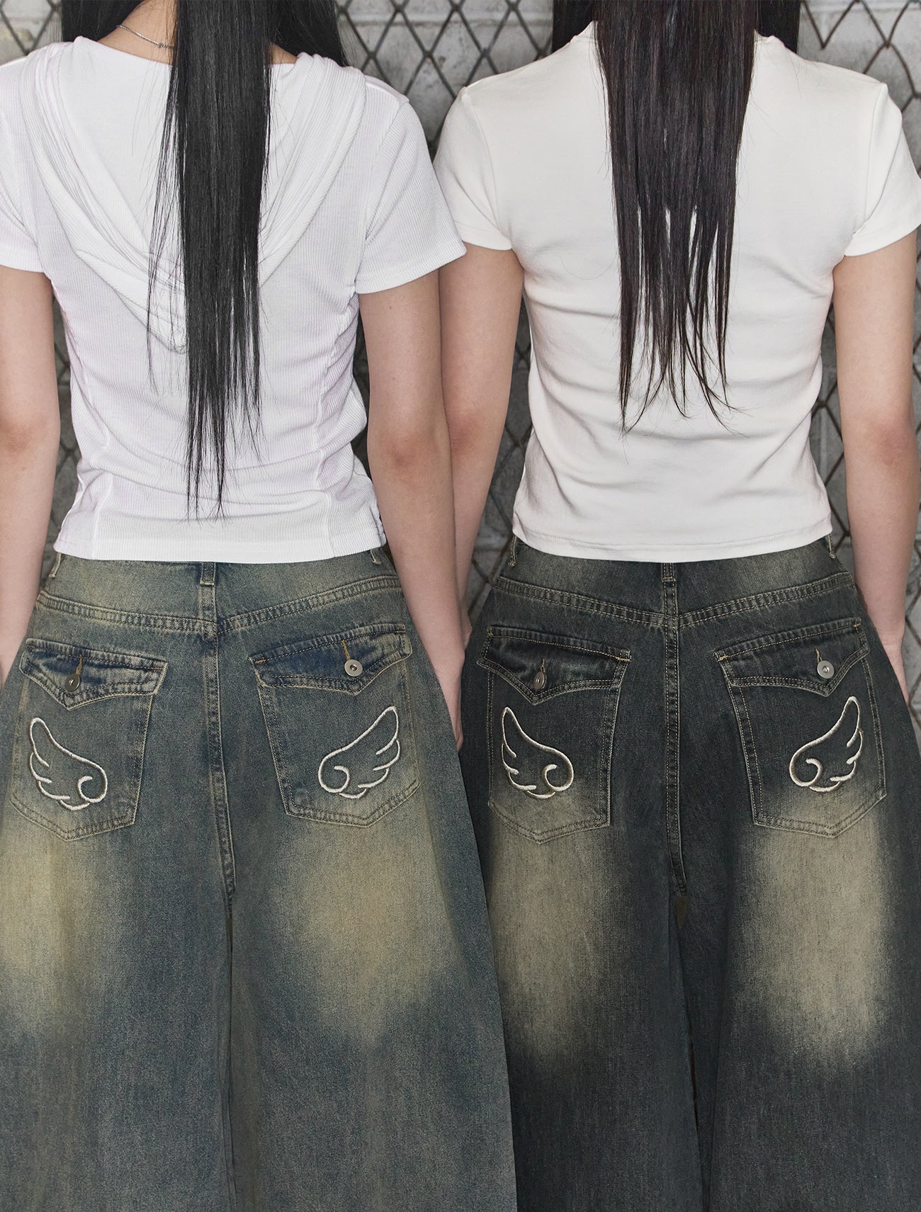 [LOOXP] Washed Back Pocket Balloon Wide Denim Pants Vintage Dark Blue
