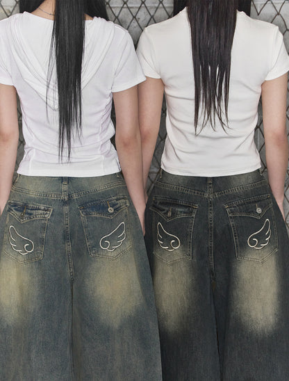 [LOOXP] Washed Back Pocket Balloon Wide Denim Pants Vintage Dark Blue