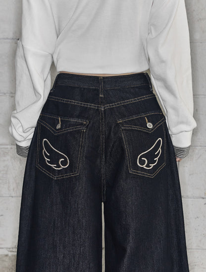 [LOOXP] Angel Wing Washed Back Pocket Balloon Wide Denim Pants Raw Denim Navy