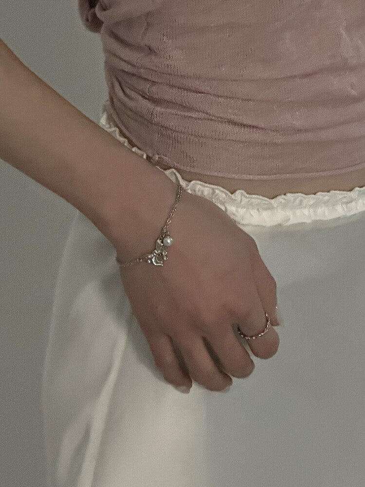 [OFUSE] Lace ribbon bracelet (Pearl/ Chain)