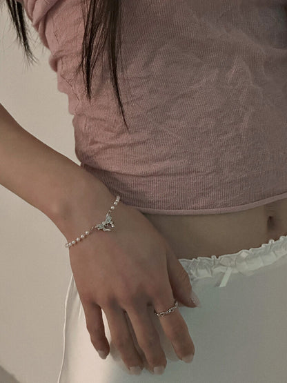 [OFUSE] Lace ribbon bracelet (Pearl/ Chain)