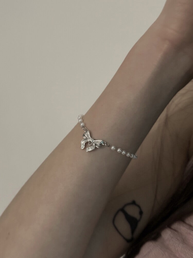 [OFUSE] Lace ribbon bracelet (Pearl/ Chain)