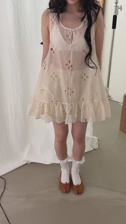High End Sheer Floral Detail Ruffle Hem Dress Ops