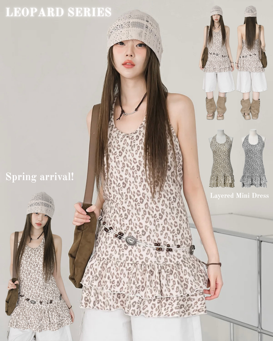 Leopard Pick! Tiered Halter-neck Layered Mini Dress / Sleeveless Top (2 Colours)