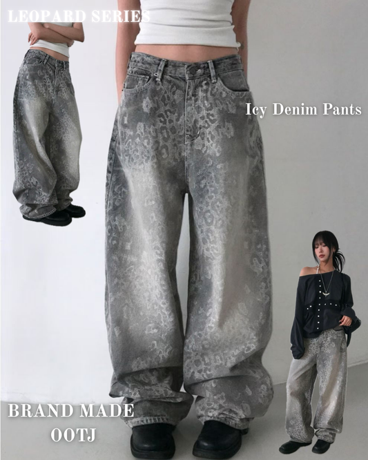 [OOTJ] Karina Pants Same Brand! Unisex Icy Washing Leopard Wide Denim Pants